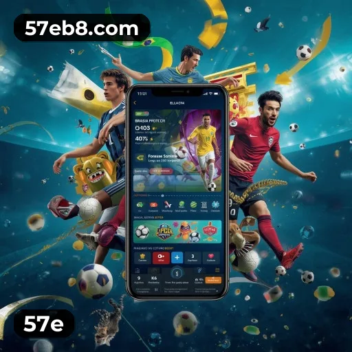 App 57e para iOS e Android — interface mobile, login biométrico e PIX integrado