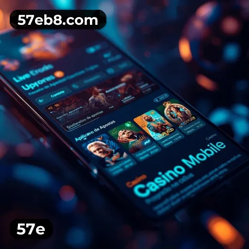 App 57e para iOS e Android — interface mobile, login biométrico e PIX integrado